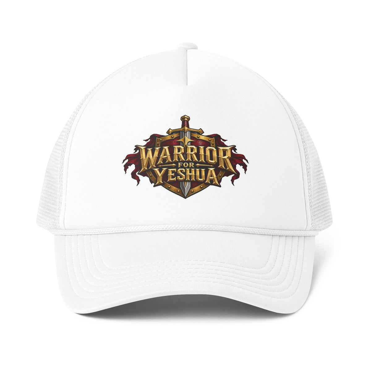 Warrior for Yeshua™ Men’s Trucker Hat | Christian Faith Warrior Cap | Bold Spiritual Armor Statement Hat | Rooted in Yah Mercantile™